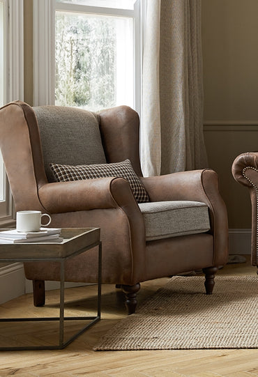 Barcelona Wing Back Chair In Colorado Tan And Grampian Mineral Fabric