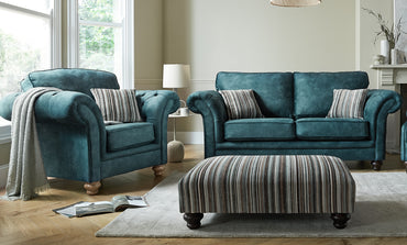 Buckingham 3+1+1 Seater Sofa Suite In Palladium Azure Blue Fabric With Margo Stripe Teal Scatters