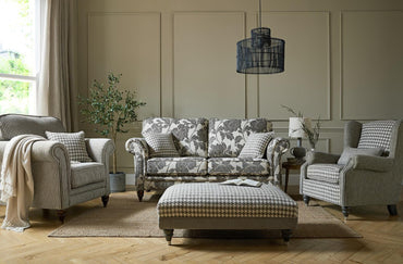 Cambridge 3 Seater Sofa In Arlene Floral Charcoal Fabric With Perro Geometric Charcoal Scatters