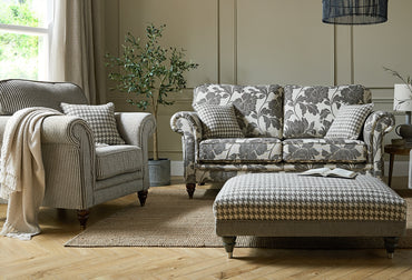 Cambridge 3+1+1 Seater Sofa In Arlene Floral Charcoal Fabric With Perro Geometric Charcoal Scatters