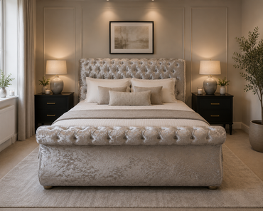 Zoe Frame Elegant Handmade Bed In Custom Velvet Upholstery For Luxury Comfort and Gaslift Storage Option