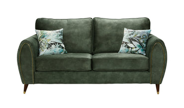 Denver 3 Seater Sofa In Palladium Winter Moss Green Fabric With Brass Solid Wooden Legs