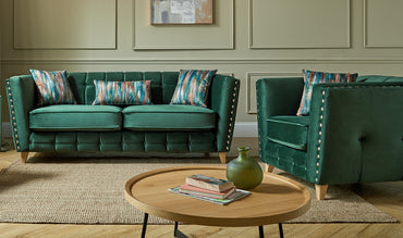 Nevada 3+1 Seater Sofa In Plush Emerald Fabric Silver Studs With Abstract Forest Scatters