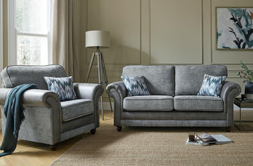 Palma 3 Seater Sofa In Rutland Grey Fabric And Colorado Grey Faux Leather With Rufus Cobalt Scatters