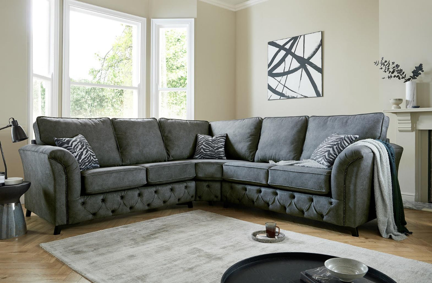 Phoenix 2+Corner+2 Seater Sofa In Dapple Grey Fabric With Zebra Coal Scatters