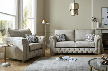 Phoenix 3 Seater Sofa In Dapple Oatmeal Fabric With Zebra Truffle Scatters