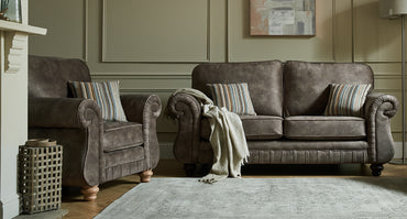 Sherlock 3 Seater Sofa In Palladium Brown Fabric With Margo Stripe Mustard Scatters