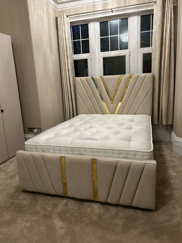 V Frame Luxury Bespoke Bed Custom Velvet Upholstery in Various Fabrics