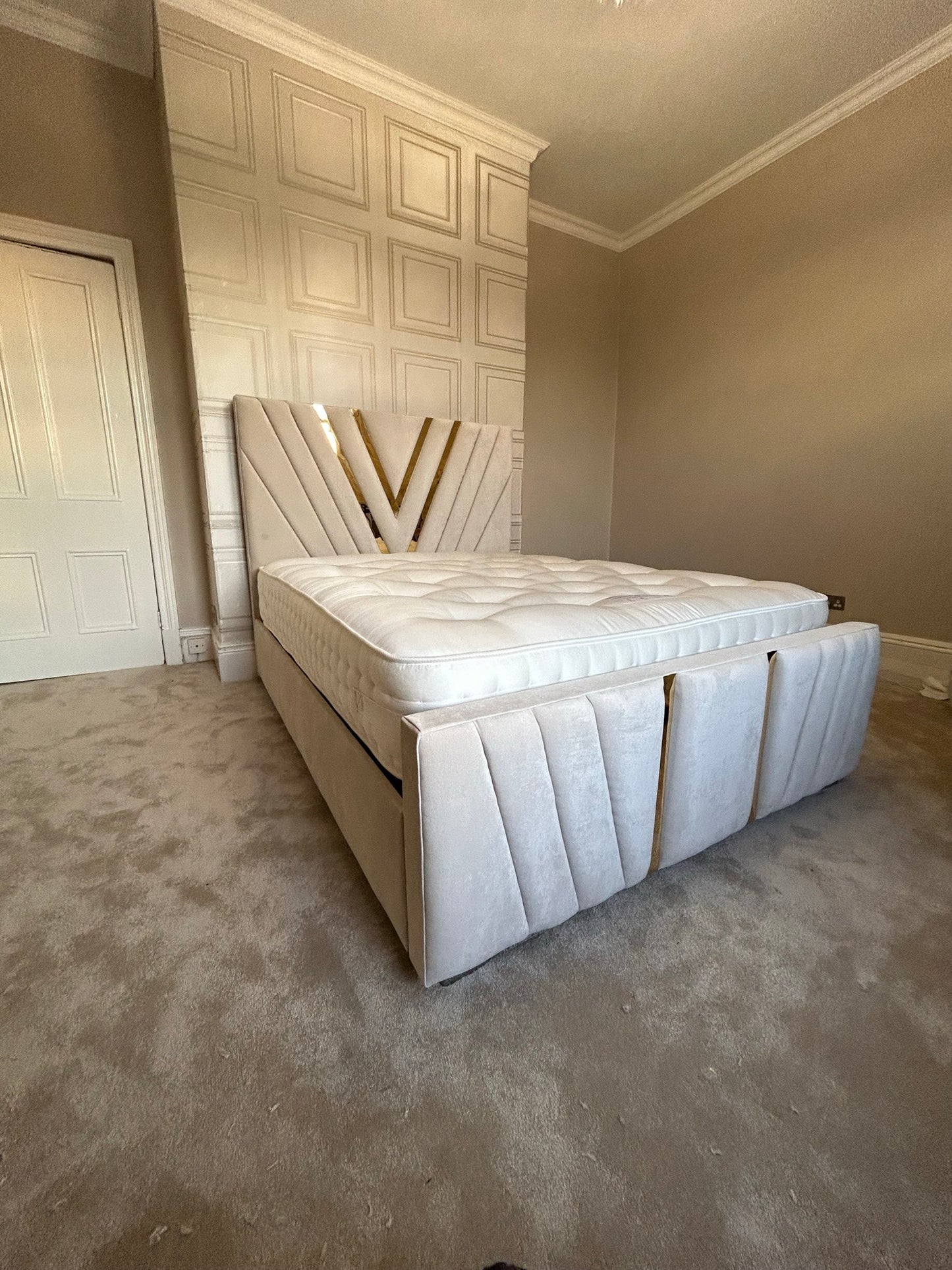 V Frame Luxury Bespoke Bed Custom Velvet Upholstery in Various Fabrics