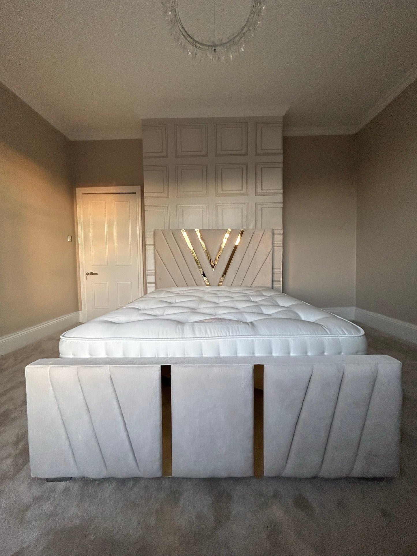 V Frame Luxury Bespoke Bed Custom Velvet Upholstery in Various Fabrics