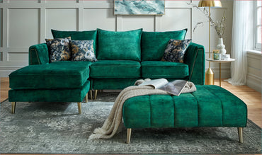 Vivo 4 Seater Lounger Sofa In Milano Emerald Green Fabric With Blossom Gold Olive Scatters