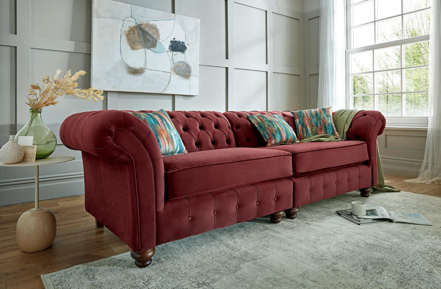 Winchester 4 Seater Split Sofa In Plush Oxblood Red Fabric With Abstract Forest Scatters