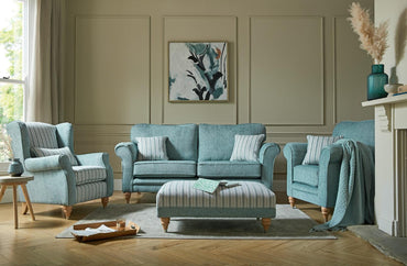 Woodstock 3 Seater Sofa In Montego Plain Starlight Fabric With Estelle Stripe Starlight Scatters