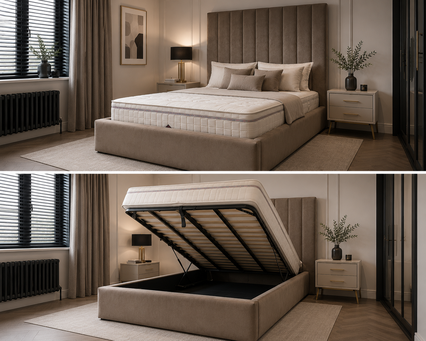 Luxury Frame Bespoke Bed Available In A Wide Range Of Fabric Materials and Gaslift Storage Option