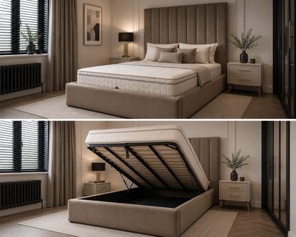 Luxury Frame Bespoke Bed Available In A Wide Range Of Fabric Materials and Gaslift Storage Option