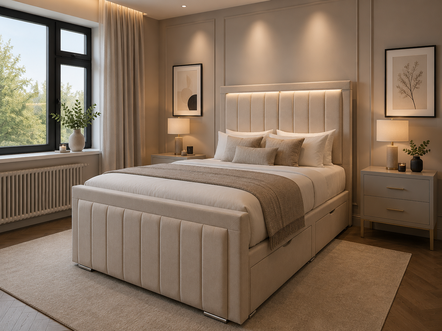 Lined Border Frame Bespoke Bed In Various Fabrics Materials and Gaslift Storage Option