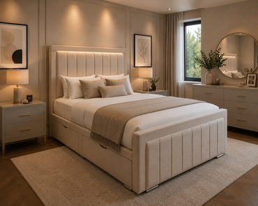 Lined Border Frame Bespoke Bed In Various Fabrics Materials and Gaslift Storage Option