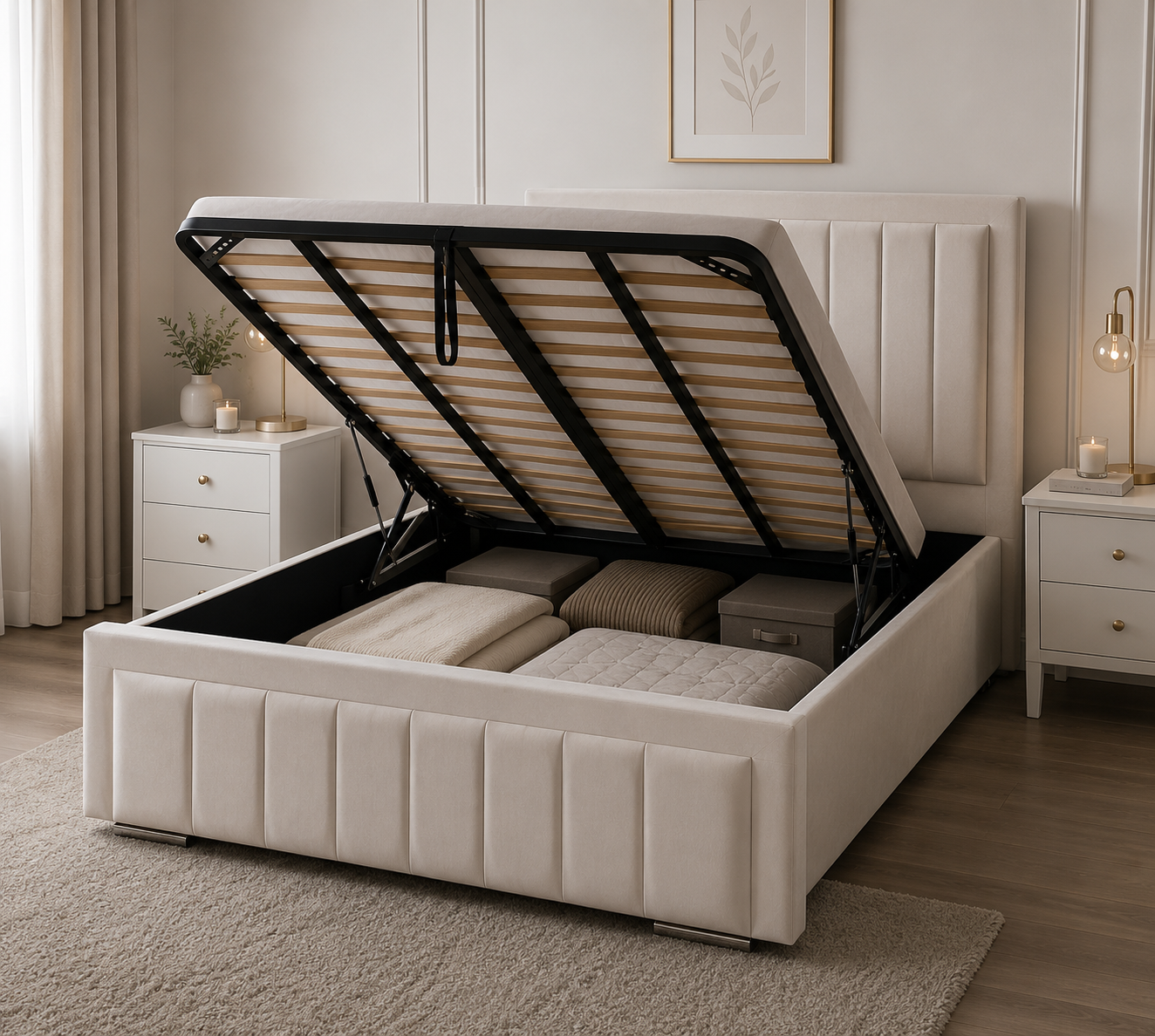 Lined Border Frame Bespoke Bed In Various Fabrics Materials and Gaslift Storage Option