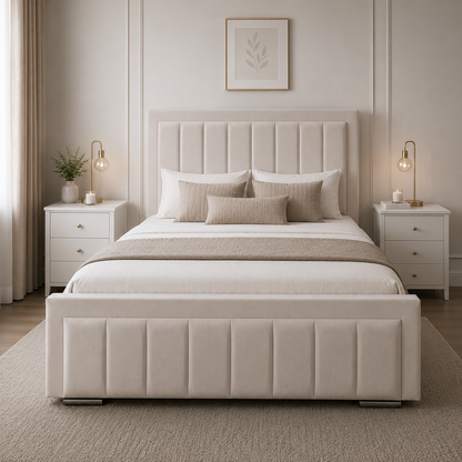 Lined Border Frame Bespoke Bed In Various Fabrics Materials and Gaslift Storage Option