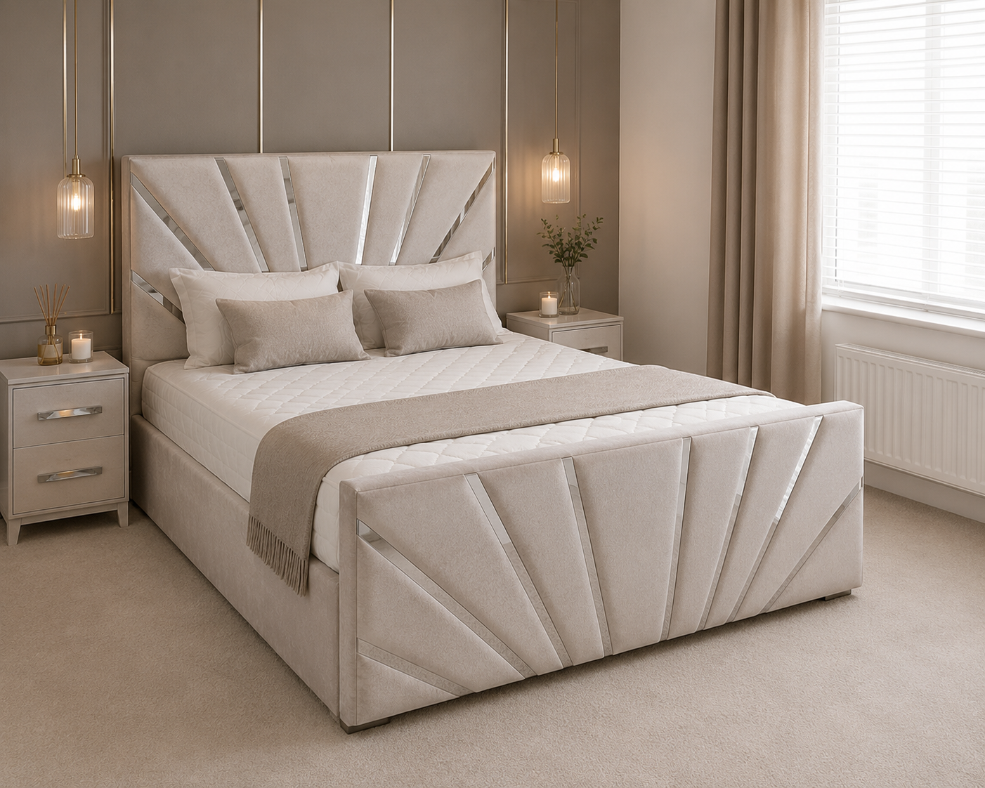Sunrise Frame Bespoke Bed In Various Fabrics Materials and Gaslift Storage Option
