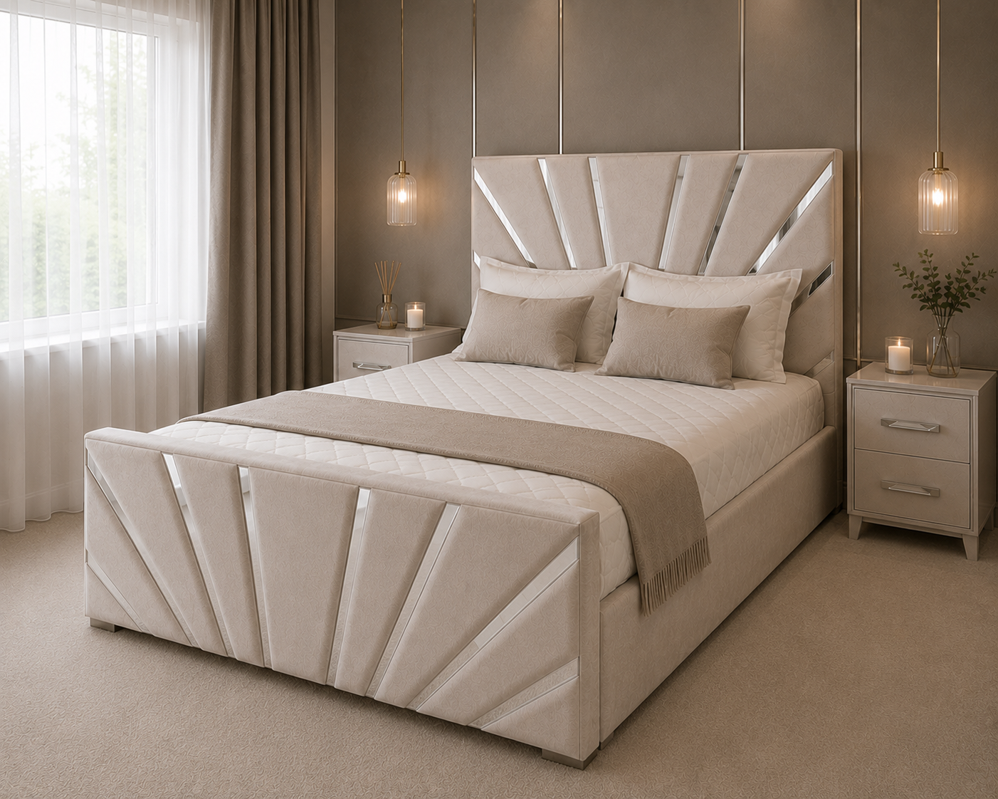 Sunrise Frame Bespoke Bed In Various Fabrics Materials and Gaslift Storage Option