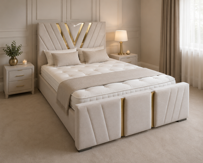 V Frame Luxury Bespoke Bed Custom Velvet Upholstery in Various Fabrics and Gaslift Storage Option