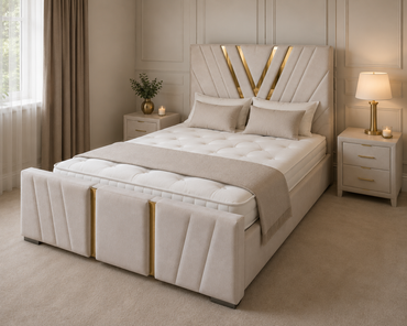 V Frame Luxury Bespoke Bed Custom Velvet Upholstery in Various Fabrics and Gaslift Storage Option