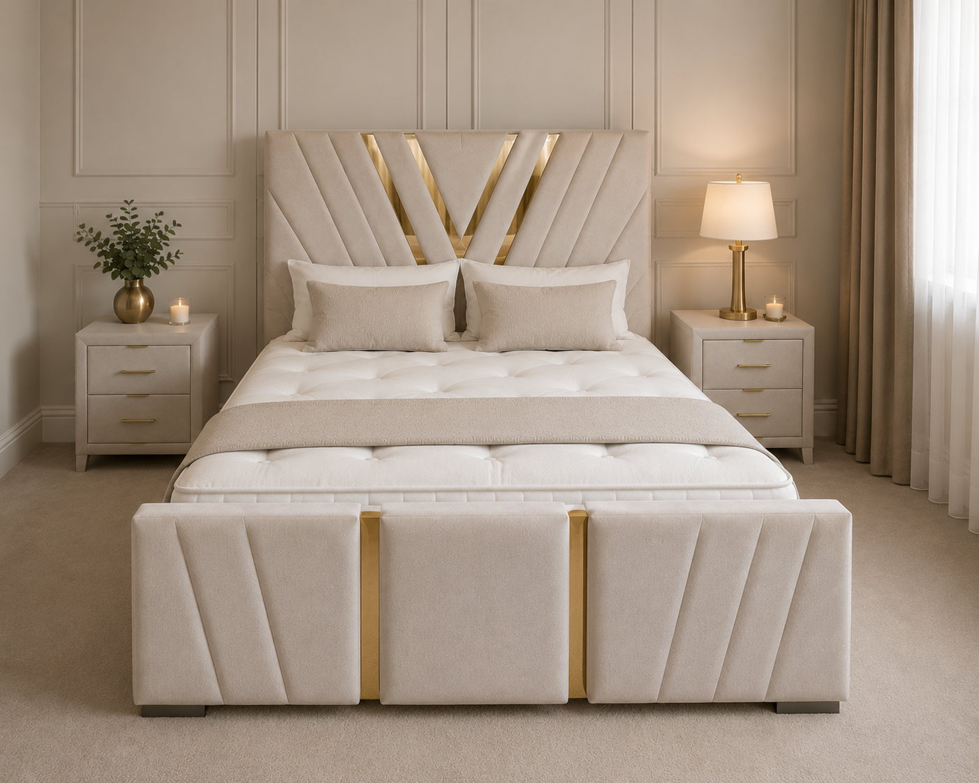 V Frame Luxury Bespoke Bed Custom Velvet Upholstery in Various Fabrics and Gaslift Storage Option