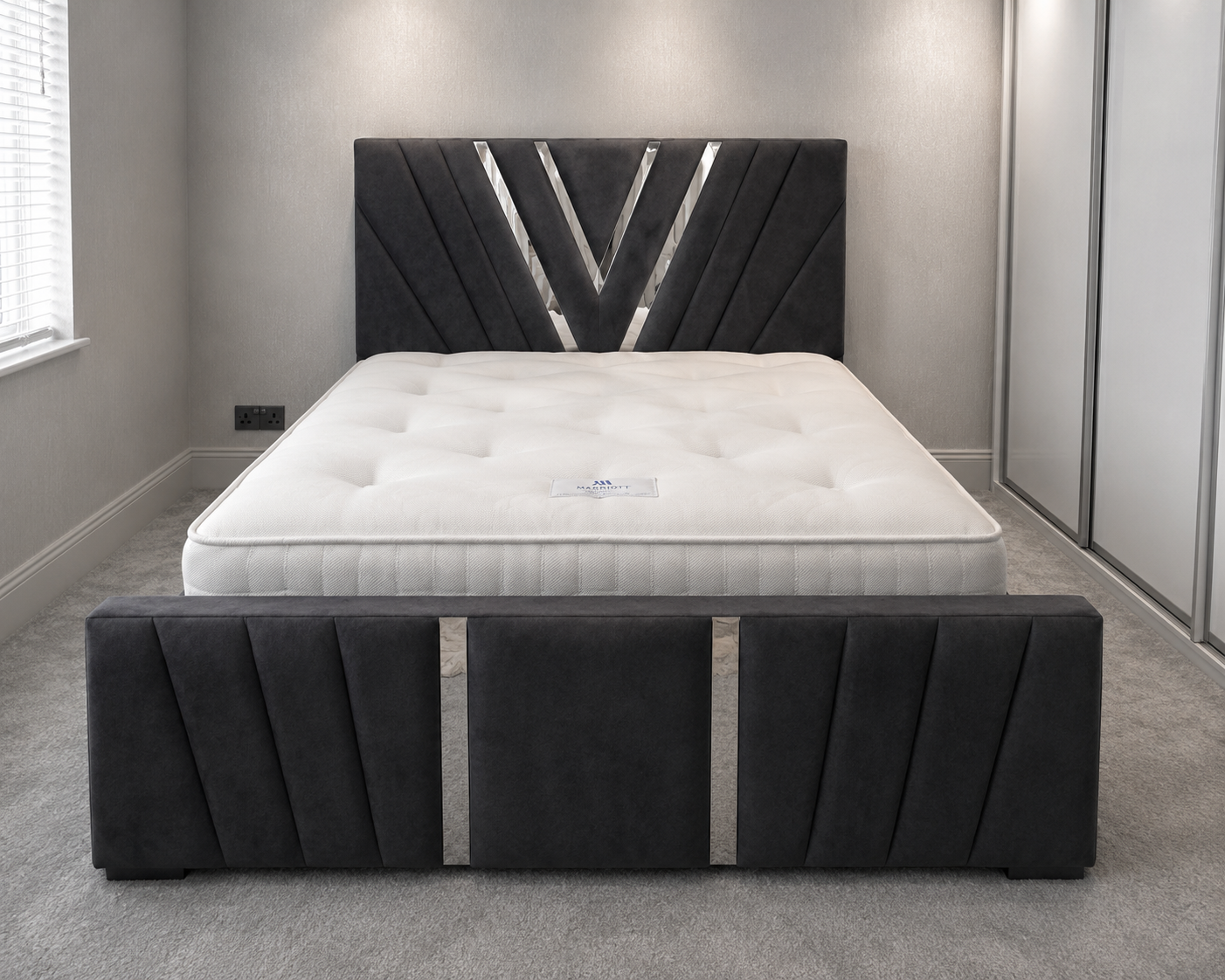 V Frame Luxury Bespoke Bed Custom Velvet Upholstery in Various Fabrics and Gaslift Storage Option