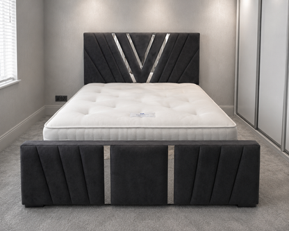 V Frame Luxury Bespoke Bed Custom Velvet Upholstery in Various Fabrics and Gaslift Storage Option