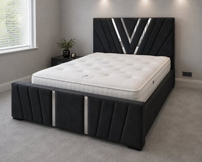 V Frame Luxury Bespoke Bed Custom Velvet Upholstery in Various Fabrics and Gaslift Storage Option