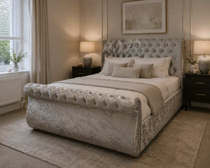 Zoe Frame Elegant Handmade Bed In Custom Velvet Upholstery For Luxury Comfort and Gaslift Storage Option