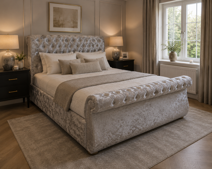 Zoe Frame Elegant Handmade Bed In Custom Velvet Upholstery For Luxury Comfort and Gaslift Storage Option