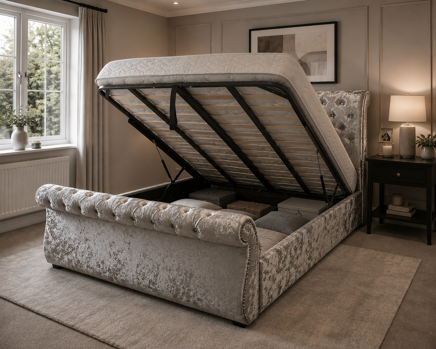 Zoe Frame Elegant Handmade Bed In Custom Velvet Upholstery For Luxury Comfort and Gaslift Storage Option