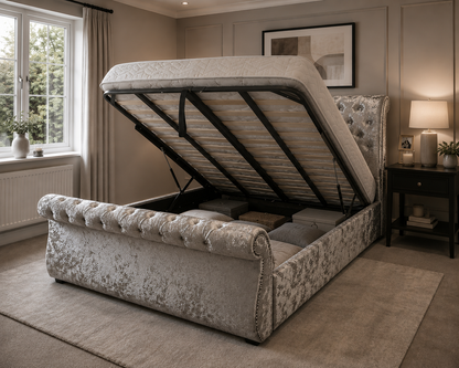 Zoe Frame Elegant Handmade Bed In Custom Velvet Upholstery For Luxury Comfort and Gaslift Storage Option