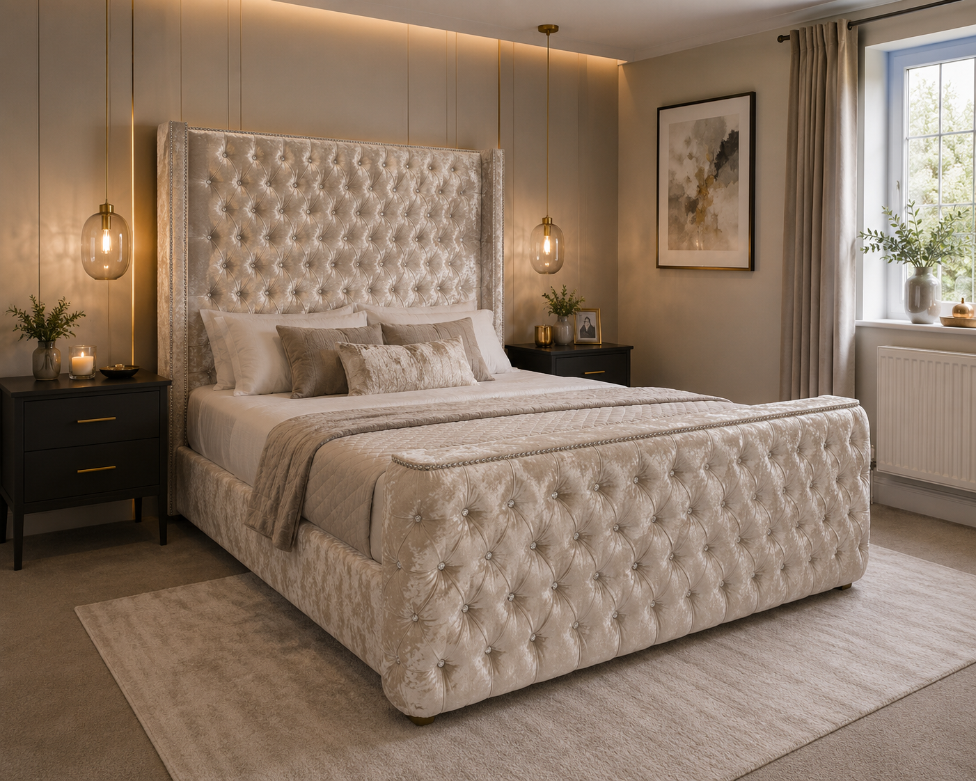 Regent Frame Handcrafted Luxury Bed In Custom Velvet Fabric Materials and Gaslift Storage Option