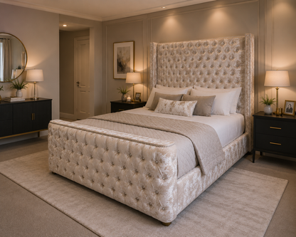 Regent Frame Handcrafted Luxury Bed In Custom Velvet Fabric Materials and Gaslift Storage Option