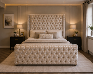 Regent Frame Handcrafted Luxury Bed In Custom Velvet Fabric Materials and Gaslift Storage Option