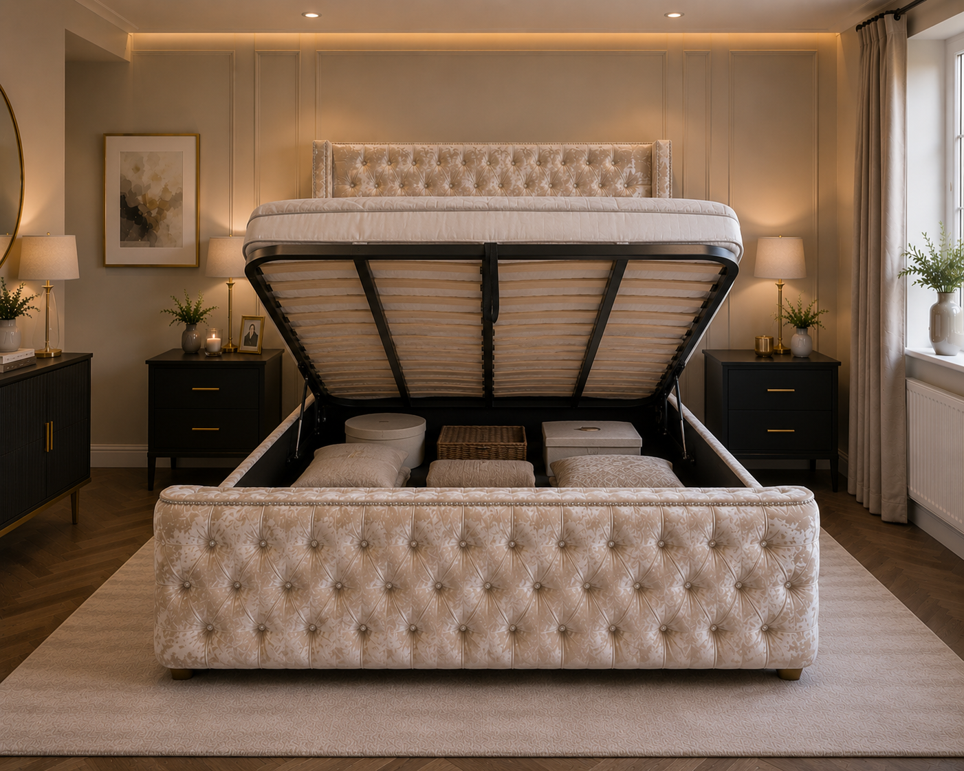 Regent Frame Handcrafted Luxury Bed In Custom Velvet Fabric Materials and Gaslift Storage Option