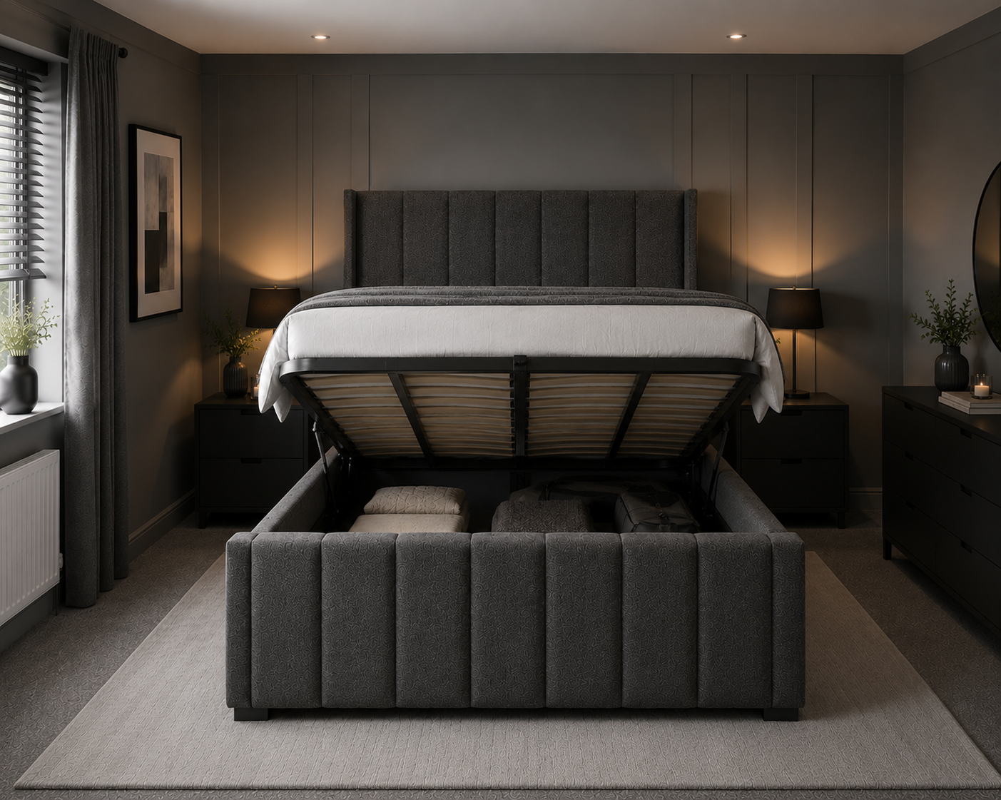 Verona Wing Frame Luxury Bespoke Bed In Various Velvet Fabric Materials and Gaslift Storage Option