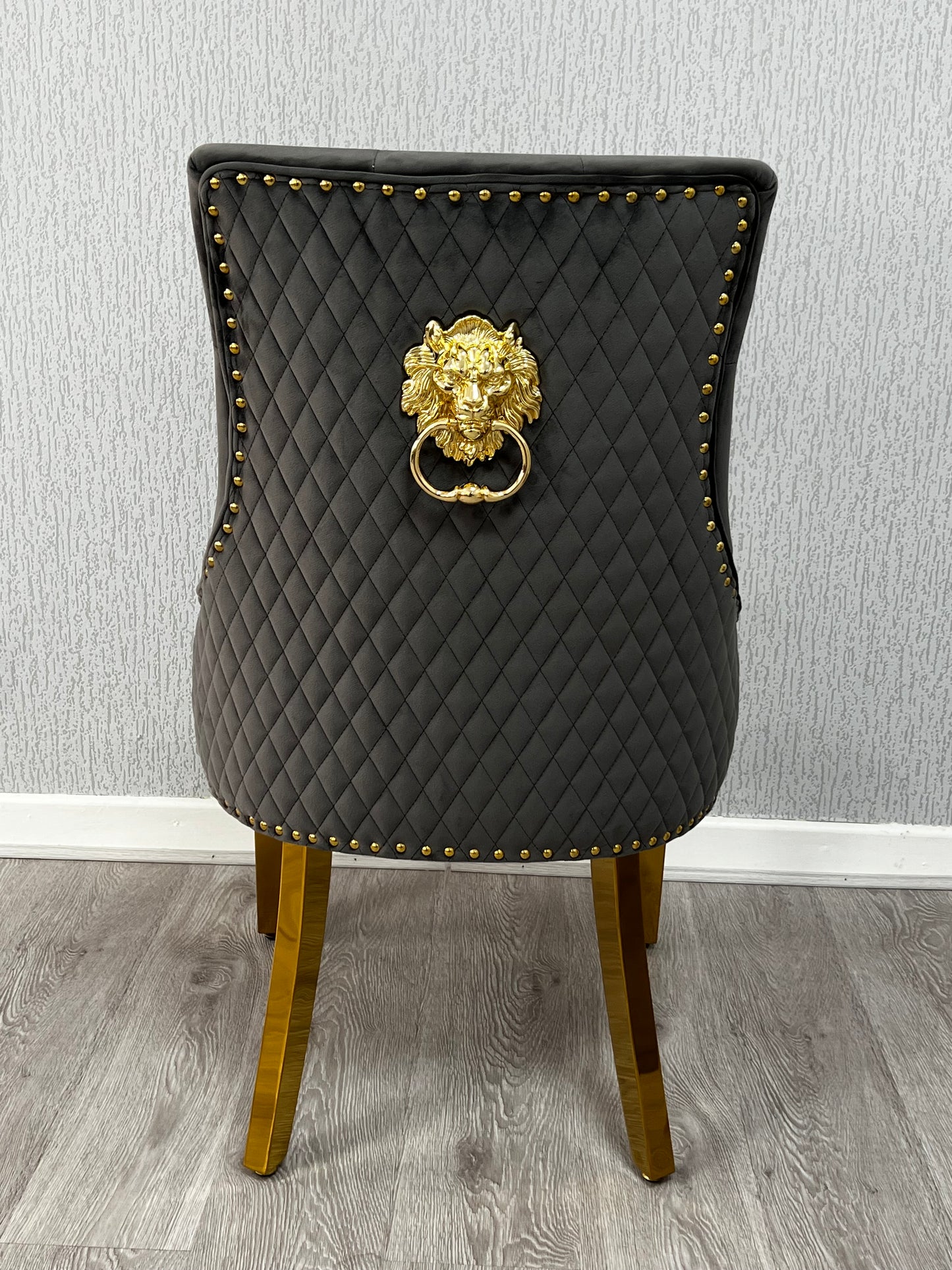 Majestic Grey Gold Lion Knocker Velvet Chair
