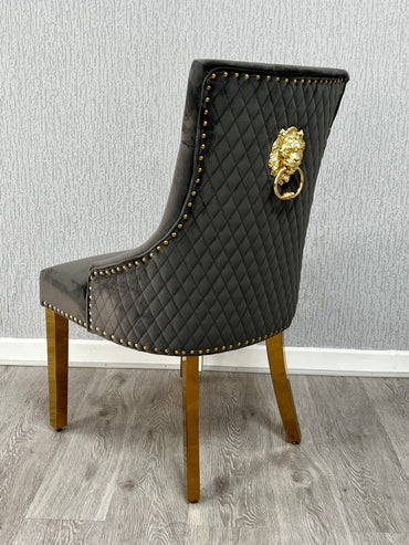Majestic Grey Gold Lion Knocker Velvet Chair