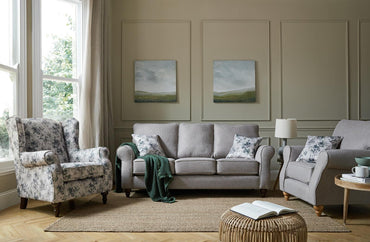 Heritage 3 Seater Sofa In Reform Mink Fabric With Victoria Hunter Scatter 