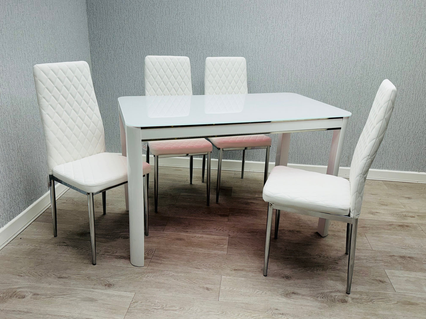 Morano Dining Set White with 4 White Carlo Chairs