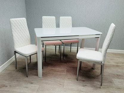 Morano Dining Set White with 4 White Carlo Chairs