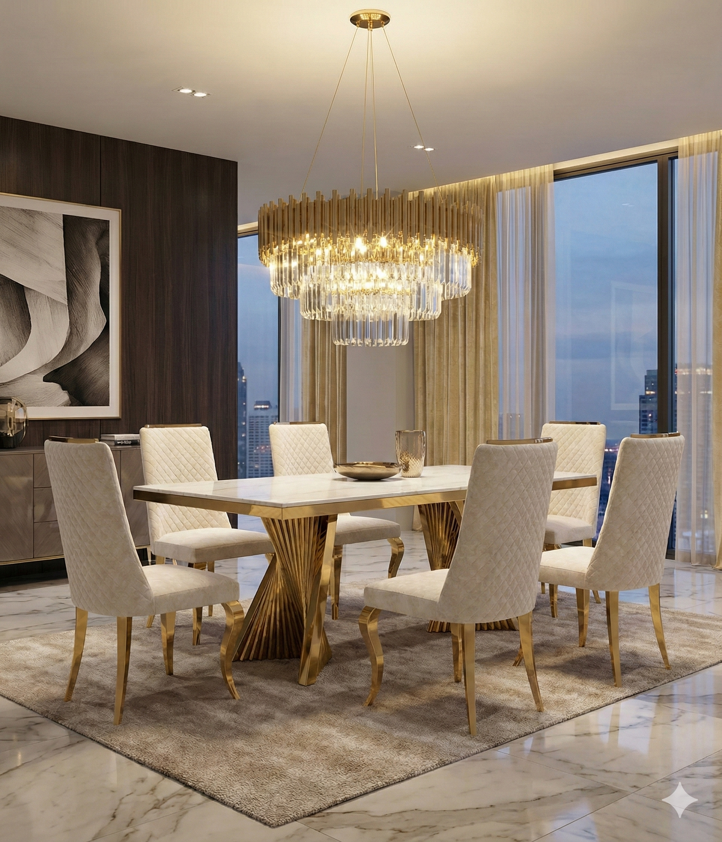 Ravello 160cm Cream & Gold Marble Dining Table