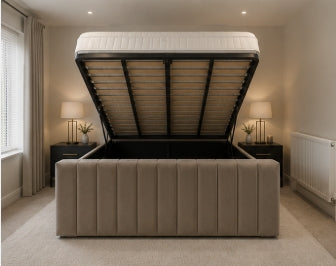 Elegance Luxury Bespoke Bed Upholstery in Various Fabrics and Gaslift Storage Option