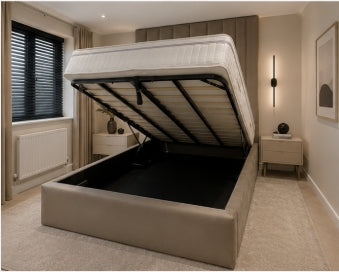 Luxury Frame Bespoke Bed Available In A Wide Range Of Fabric Materials and Gaslift Storage Option
