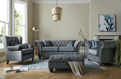 Winchester 3 Seater Sofa In n Plush Asphalt Fabric With Abstract Lagoon Scatters 