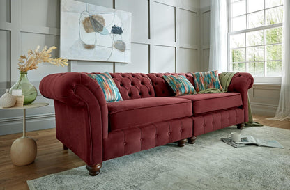 Winchester 4 Seater Split Sofa In Plush Oxblood Red Fabric With Abstract Forest Scatters